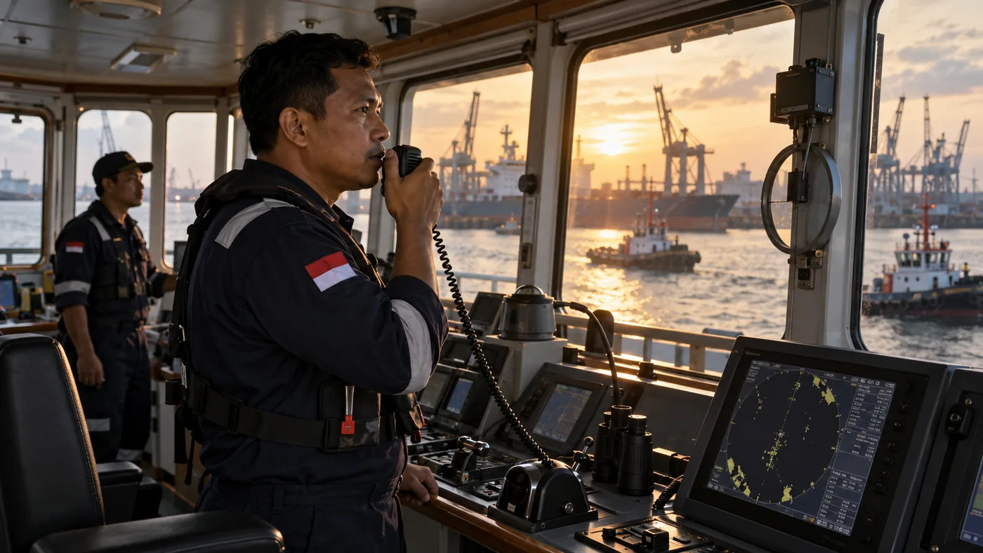 Deck officer on the bridge using VHF radio at sunset