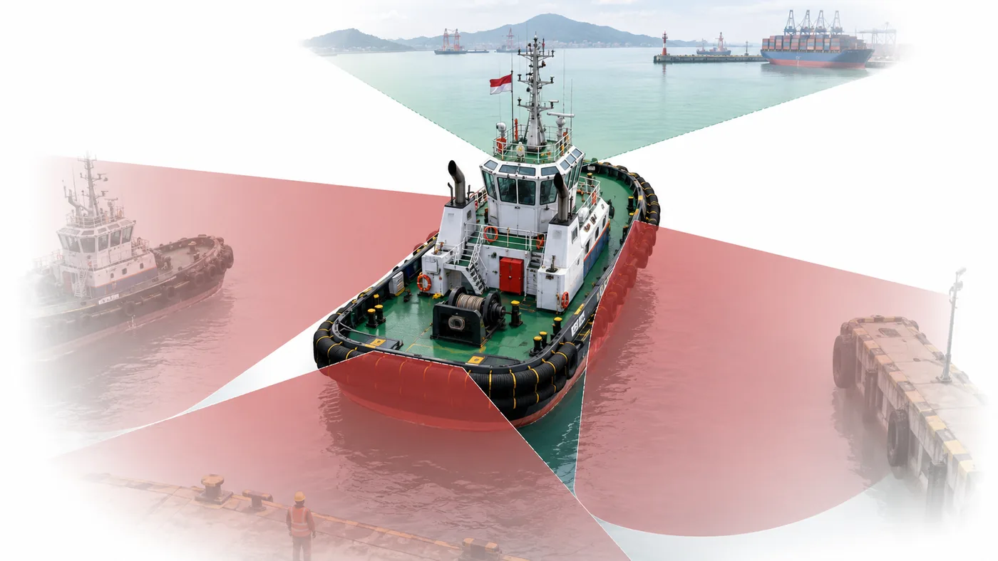Around view monitoring camera coverage around a tugboat
