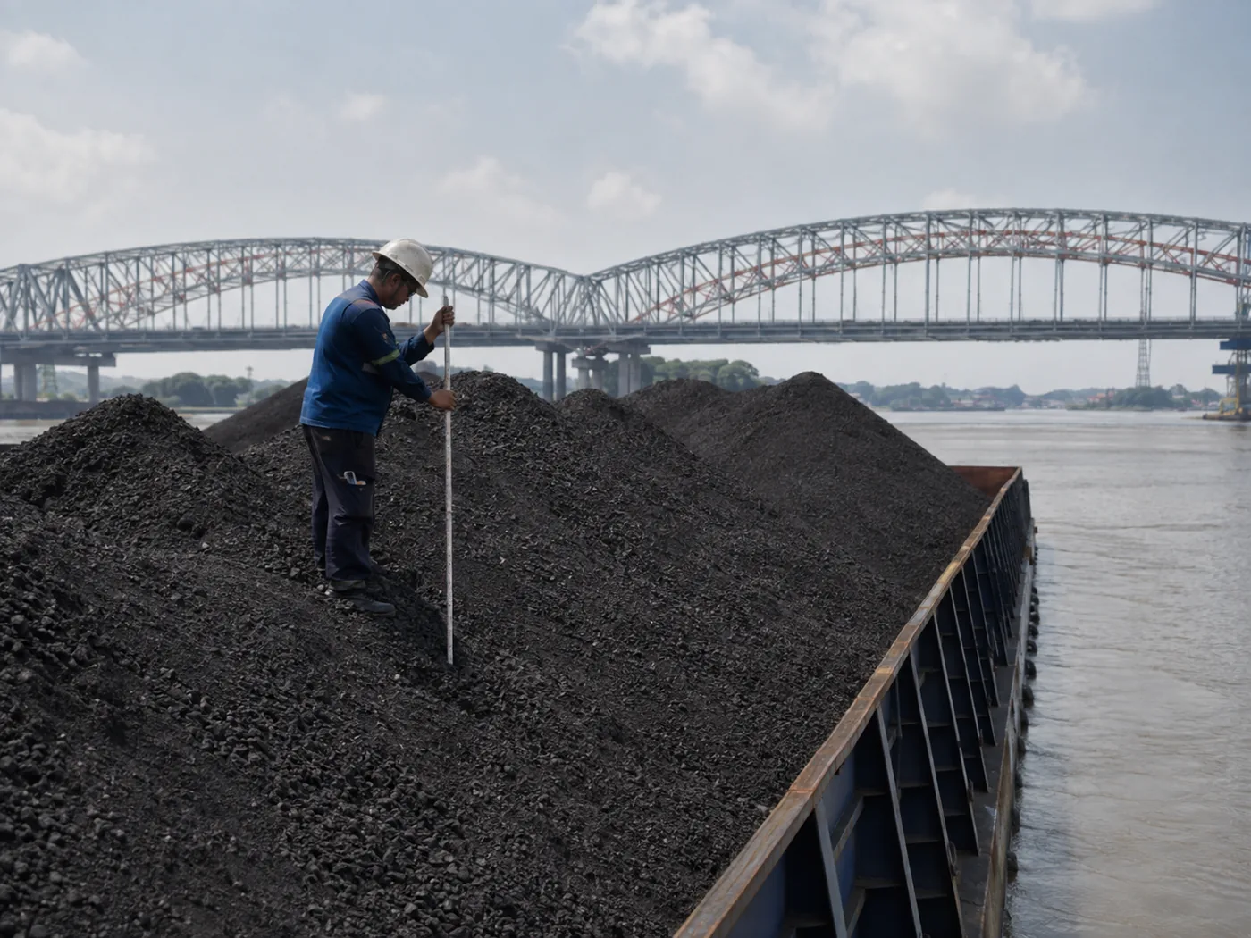 Crew measuring a coal pile on a barge by hand