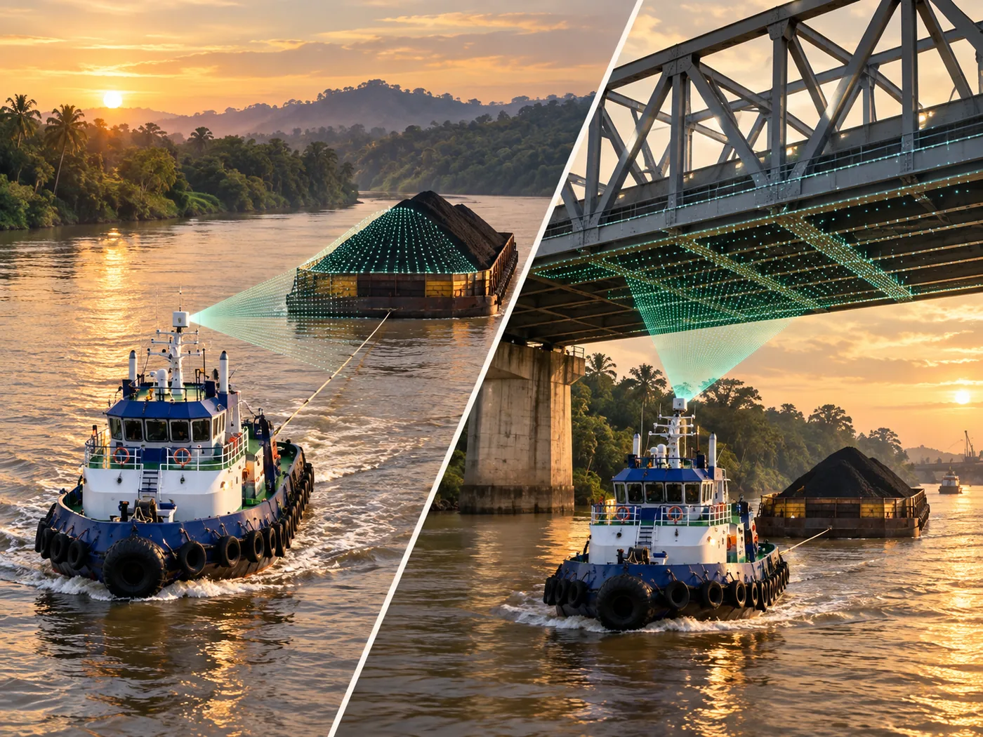 Clearance scanning between a loaded barge and a river bridge