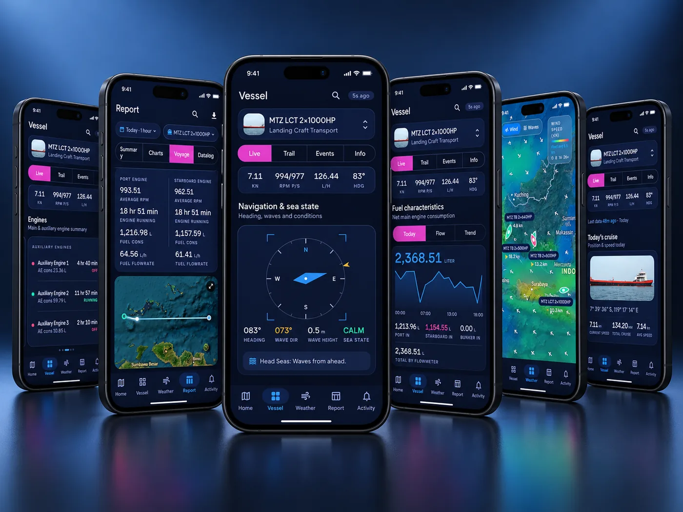 MANTRAZ mobile app showing engine, fuel and navigation data